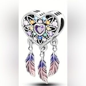 Heart Shaped Dream Catcher Charm with Multicolored Feathers & Multicolor Accents